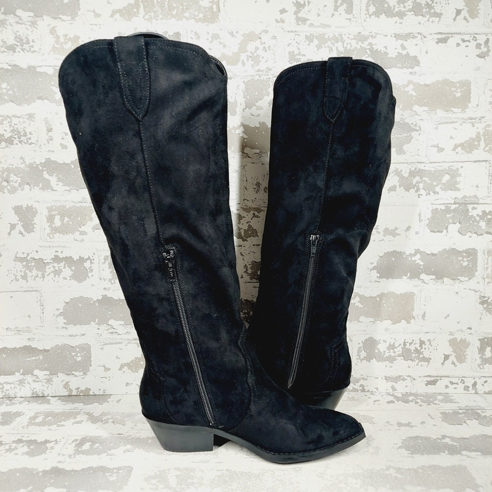 NEW DV Dolce Vita Tall Boots Women 7 Black Suede Leather Western Chic W1031 - Picture 3 of 12